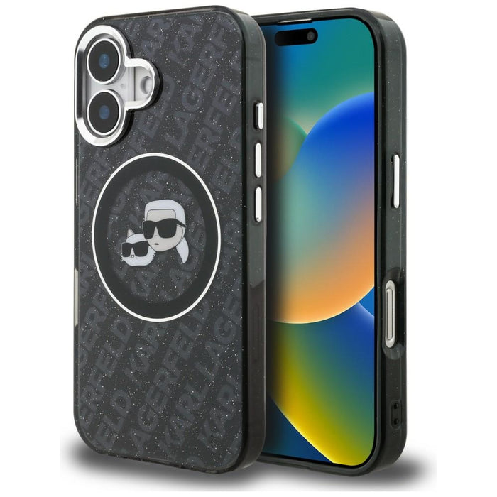 Кейс Karl Lagerfeld IML Glitter с лого на Karl & Choupette Heads MagSafe за iPhone 16 - черен