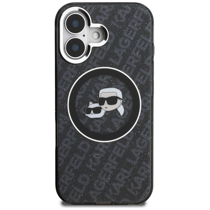 Кейс Karl Lagerfeld IML Glitter с лого на Karl & Choupette Heads MagSafe за iPhone 16 - черен