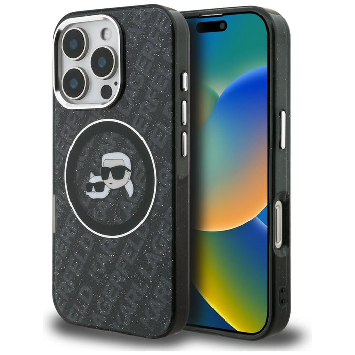 Кейс Karl Lagerfeld IML Glitter с лого на Karl & Choupette Heads MagSafe за iPhone 16 Pro - черен