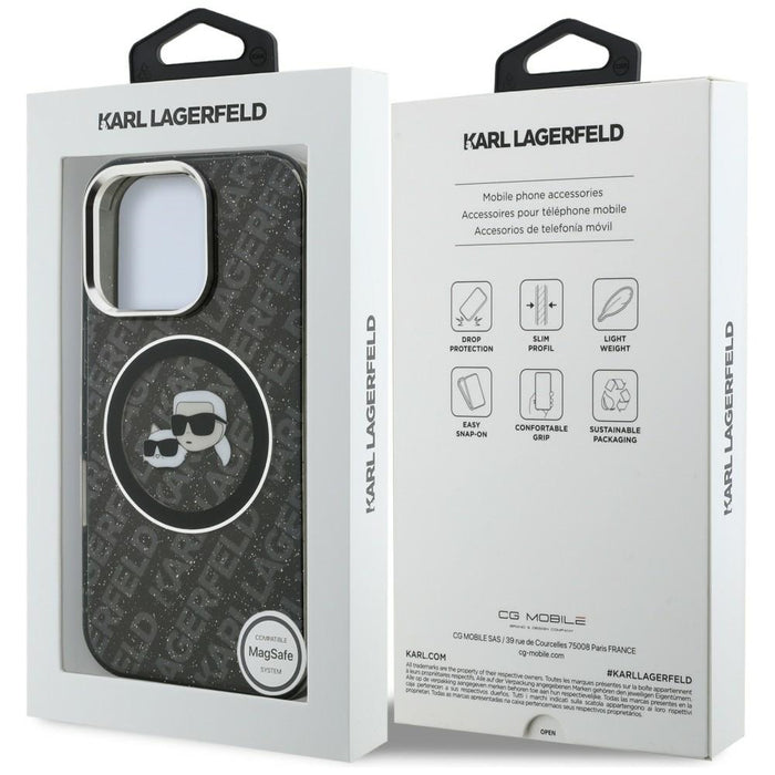 Кейс Karl Lagerfeld IML Glitter с лого на Karl & Choupette Heads MagSafe за iPhone 16 Pro Max - черен