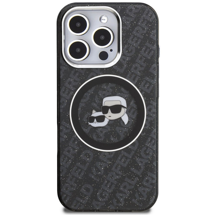 Кейс Karl Lagerfeld IML Glitter с лого на Karl & Choupette Heads MagSafe за iPhone 16 Pro Max - черен