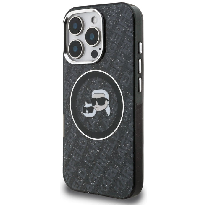 Кейс Karl Lagerfeld IML Glitter с лого на Karl & Choupette Heads MagSafe за iPhone 16 Pro Max - черен