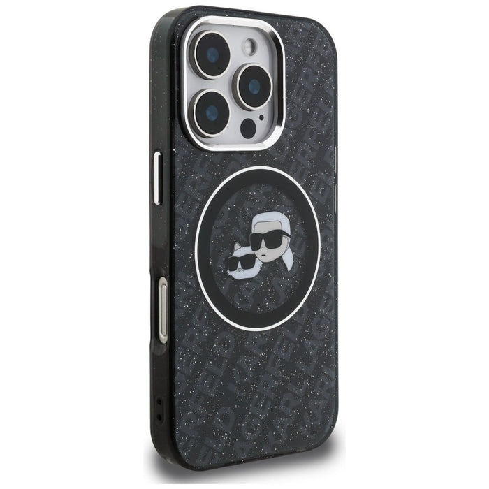 Кейс Karl Lagerfeld IML Glitter с лого на Karl & Choupette Heads MagSafe за iPhone 16 Pro Max - черен