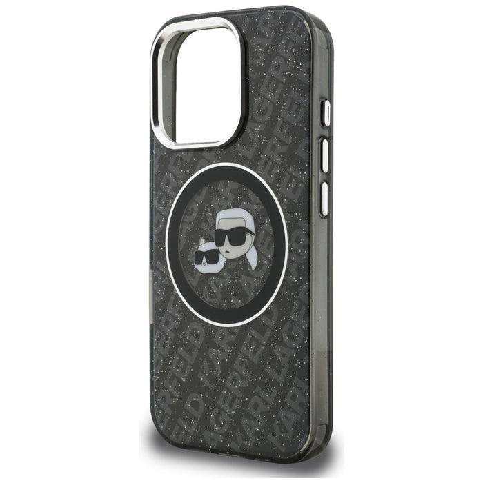 Кейс Karl Lagerfeld IML Glitter с лого на Karl & Choupette Heads MagSafe за iPhone 16 Pro Max - черен