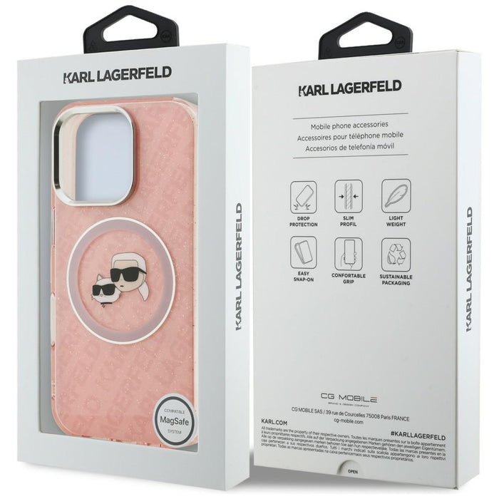Кейс Karl Lagerfeld IML Glitter с лого на Karl & Choupette Heads MagSafe за iPhone 16 Pro Max - розов