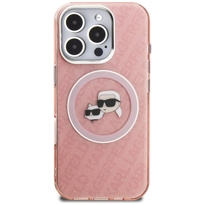 Кейс Karl Lagerfeld IML Glitter с лого на Karl & Choupette Heads MagSafe за iPhone 16 Pro Max - розов