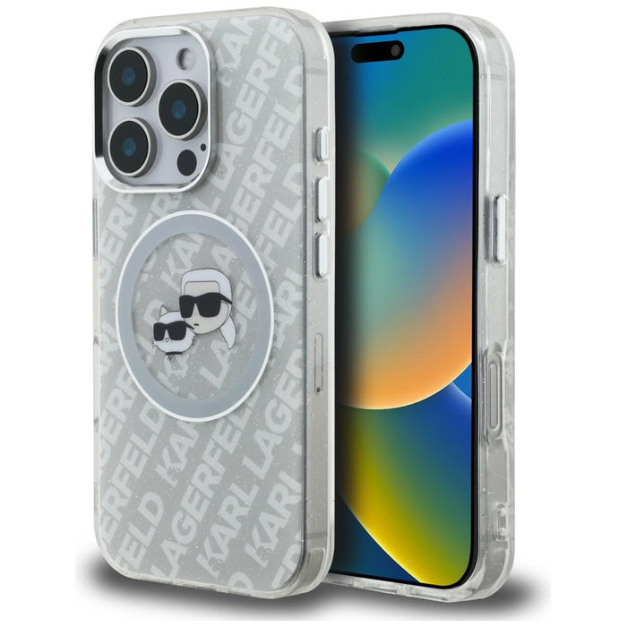 Кейс Karl Lagerfeld IML Glitter с лого на Karl & Choupette Heads MagSafe за iPhone 16 Pro Max - сив