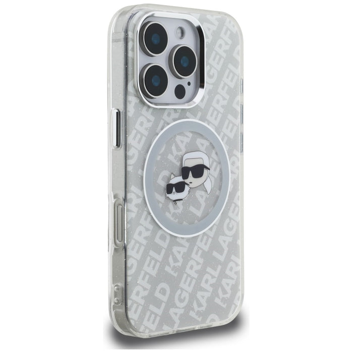 Кейс Karl Lagerfeld IML Glitter с лого на Karl & Choupette Heads MagSafe за iPhone 16 Pro Max - сив