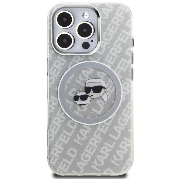 Кейс Karl Lagerfeld IML Glitter с лого на Karl & Choupette Heads MagSafe за iPhone 16 Pro Max - сив
