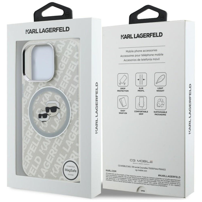 Кейс Karl Lagerfeld IML Glitter с лого на Karl & Choupette Heads MagSafe за iPhone 16 Pro Max - сив