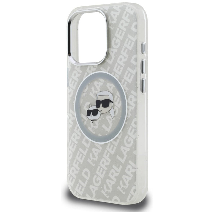 Кейс Karl Lagerfeld IML Glitter с лого на Karl & Choupette Heads MagSafe за iPhone 16 Pro Max - сив