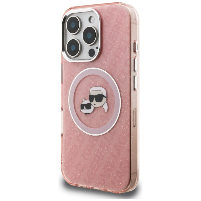 Кейс Karl Lagerfeld IML Glitter с лого на Karl & Choupette Heads MagSafe за iPhone 16 Pro - розов