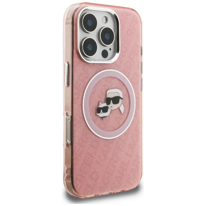 Кейс Karl Lagerfeld IML Glitter с лого на Karl & Choupette Heads MagSafe за iPhone 16 Pro - розов