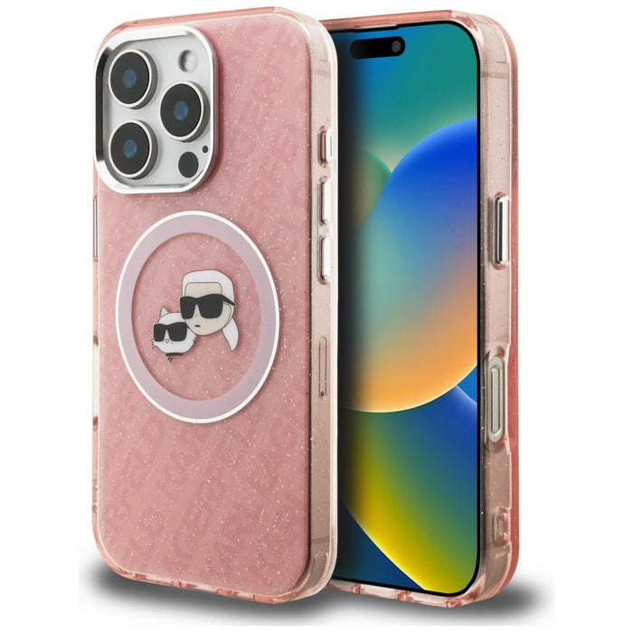 Кейс Karl Lagerfeld IML Glitter с лого на Karl & Choupette Heads MagSafe за iPhone 16 Pro - розов