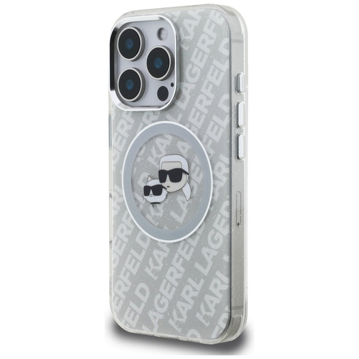 Кейс Karl Lagerfeld IML Glitter с лого на Karl & Choupette Heads MagSafe за iPhone 16 Pro - сив