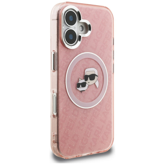 Кейс Karl Lagerfeld IML Glitter с лого на Karl & Choupette Heads MagSafe за iPhone 16 - розов