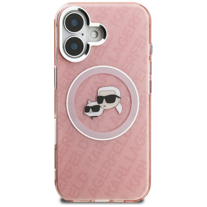 Кейс Karl Lagerfeld IML Glitter с лого на Karl & Choupette Heads MagSafe за iPhone 16 - розов