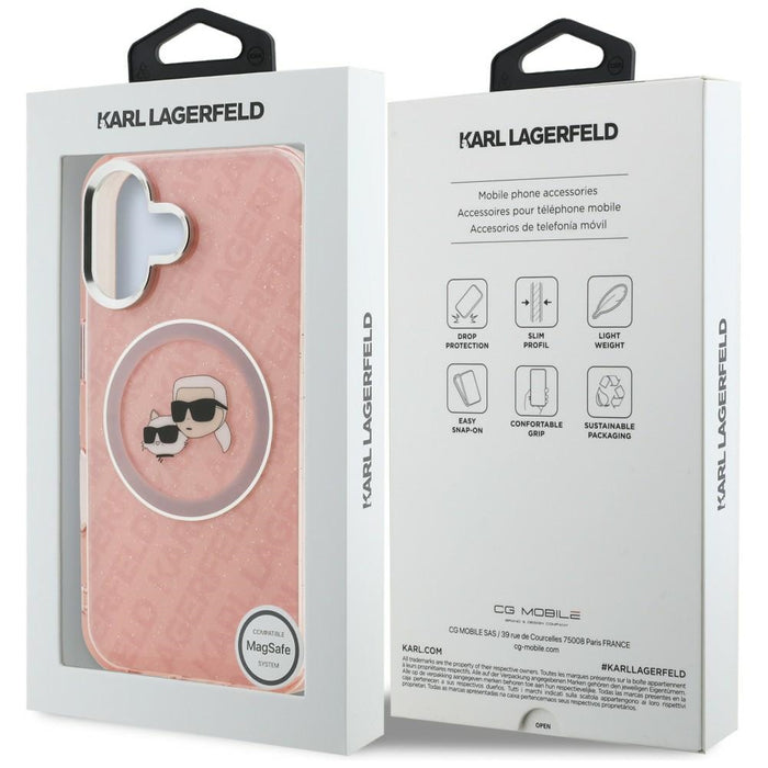 Кейс Karl Lagerfeld IML Glitter с лого на Karl & Choupette Heads MagSafe за iPhone 16 - розов