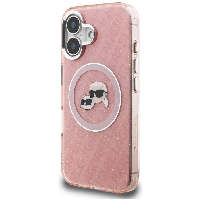 Кейс Karl Lagerfeld IML Glitter с лого на Karl & Choupette Heads MagSafe за iPhone 16 - розов