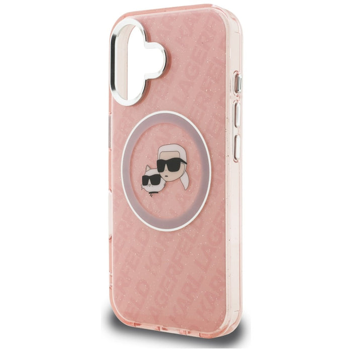 Кейс Karl Lagerfeld IML Glitter с лого на Karl & Choupette Heads MagSafe за iPhone 16 - розов