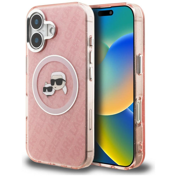 Кейс Karl Lagerfeld IML Glitter с лого на Karl & Choupette Heads MagSafe за iPhone 16 - розов