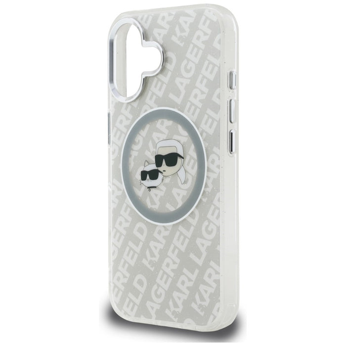 Кейс Karl Lagerfeld IML Glitter с лого на Karl & Choupette Heads MagSafe за iPhone 16 - сив