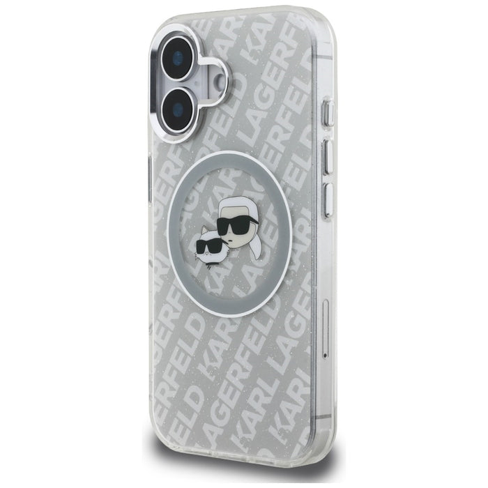 Кейс Karl Lagerfeld IML Glitter с лого на Karl & Choupette Heads MagSafe за iPhone 16 - сив