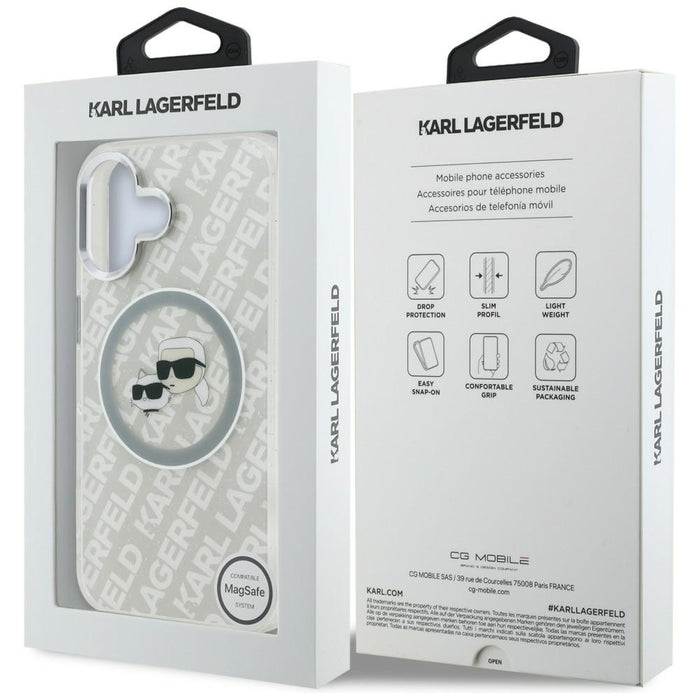 Кейс Karl Lagerfeld IML Glitter с лого на Karl & Choupette Heads MagSafe за iPhone 16 - сив