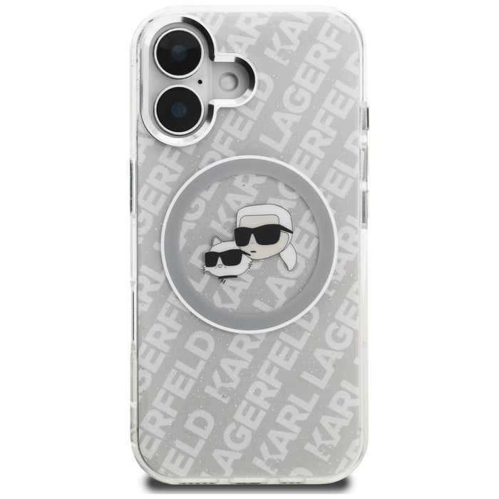 Кейс Karl Lagerfeld IML Glitter с лого на Karl & Choupette Heads MagSafe за iPhone 16 - сив