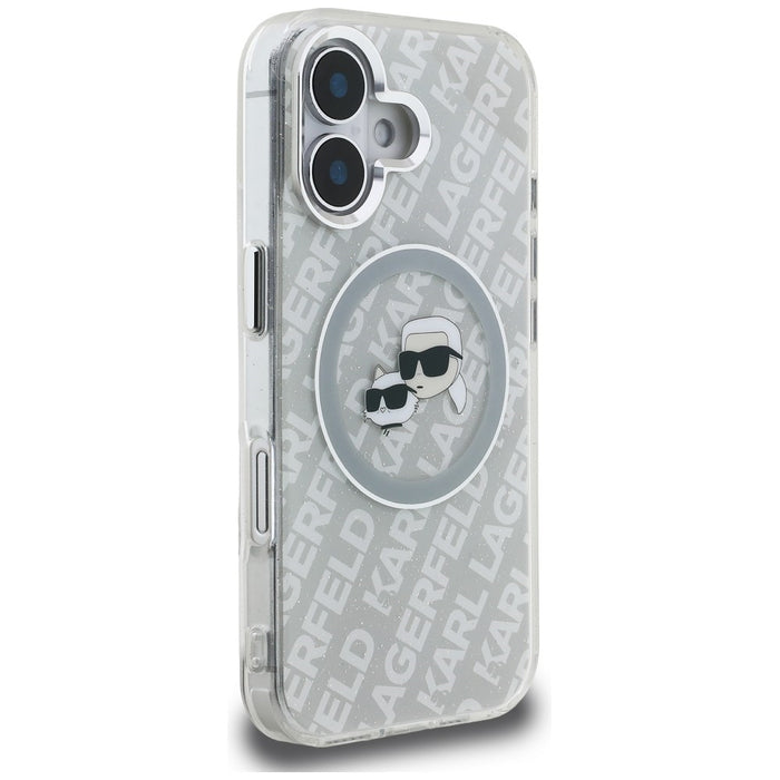 Кейс Karl Lagerfeld IML Glitter с лого на Karl & Choupette Heads MagSafe за iPhone 16 - сив
