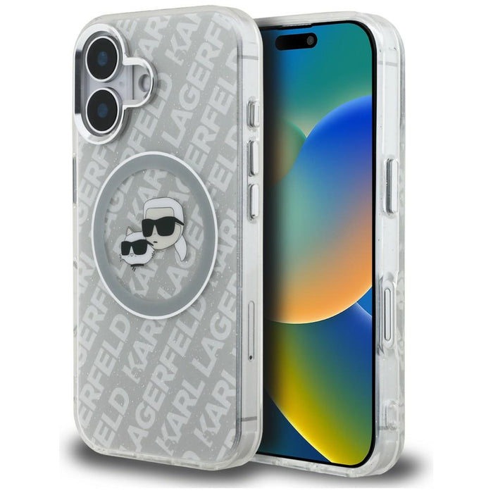 Кейс Karl Lagerfeld IML Glitter с лого на Karl & Choupette Heads MagSafe за iPhone 16 - сив