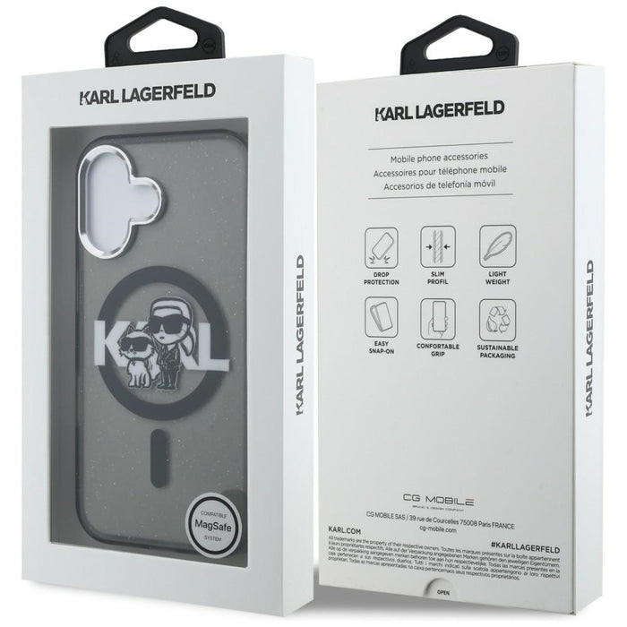 Кейс Karl Lagerfeld IML Glitter Karl & Choupette Sketch Logo MagSafe за iPhone 16 - черен