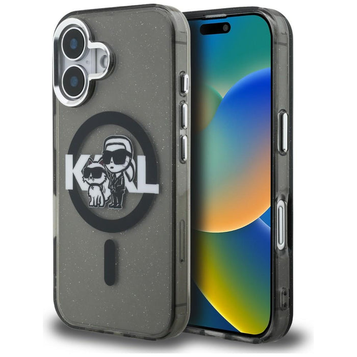 Кейс Karl Lagerfeld IML Glitter Karl & Choupette Sketch Logo MagSafe за iPhone 16 - черен