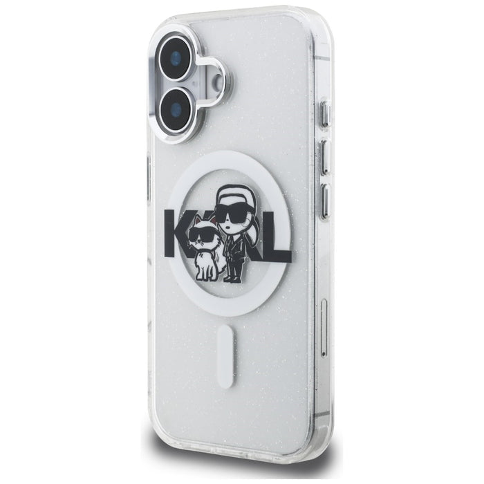 Кейс Karl Lagerfeld IML Glitter Karl & Choupette Sketch Logo MagSafe за iPhone 16 - прозрачен
