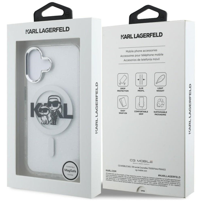 Кейс Karl Lagerfeld IML Glitter Karl & Choupette Sketch Logo MagSafe за iPhone 16 - прозрачен