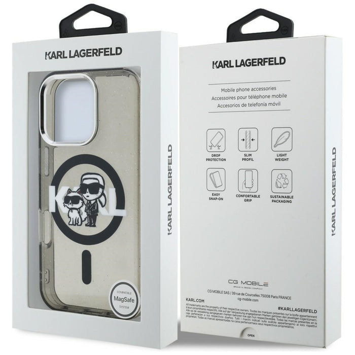 Кейс Karl Lagerfeld IML Glitter Karl & Choupette Sketch Logo MagSafe за iPhone 16 Pro Max - черен