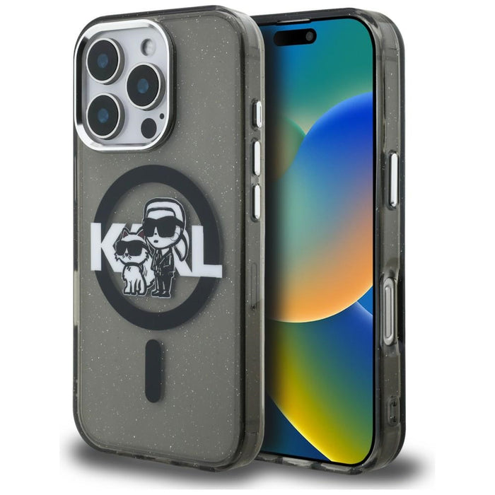 Кейс Karl Lagerfeld IML Glitter Karl & Choupette Sketch Logo MagSafe за iPhone 16 Pro Max - черен