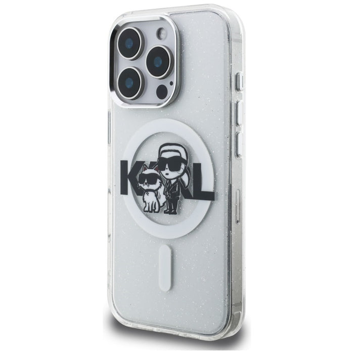 Кейс Karl Lagerfeld IML Glitter Karl & Choupette Sketch Logo MagSafe за iPhone 16 Pro - прозрачен