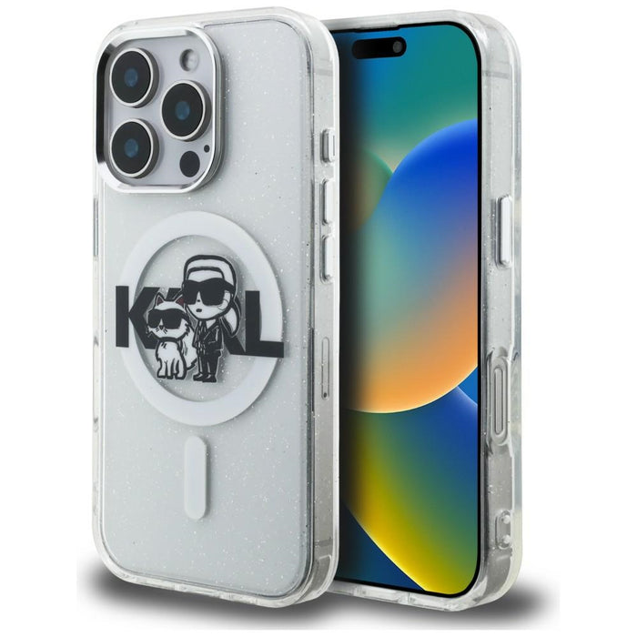 Кейс Karl Lagerfeld IML Glitter Karl & Choupette Sketch Logo MagSafe за iPhone 16 Pro - прозрачен