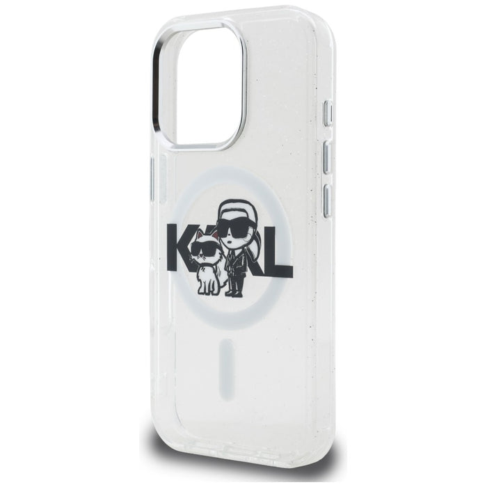 Кейс Karl Lagerfeld IML Glitter Karl & Choupette Sketch Logo MagSafe за iPhone 16 Pro - прозрачен