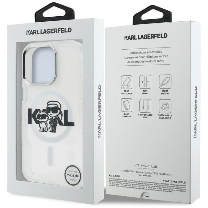 Кейс Karl Lagerfeld IML Glitter Karl & Choupette Sketch Logo MagSafe за iPhone 16 Pro - прозрачен