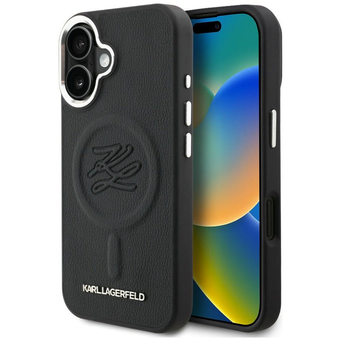 Кейс MagSafe с инициали и метално лого на Karl Lagerfeld за iPhone 16 - черен