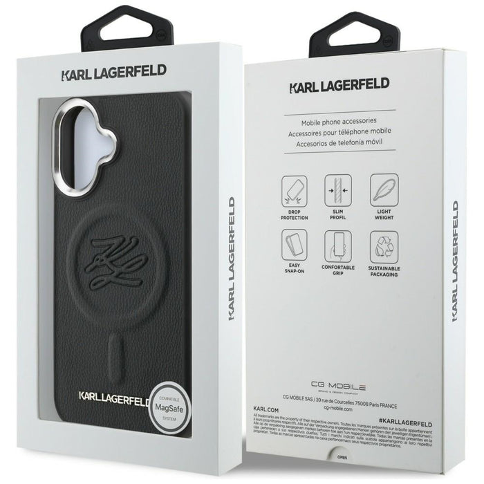 Кейс MagSafe с инициали и метално лого на Karl Lagerfeld за iPhone 16 - черен