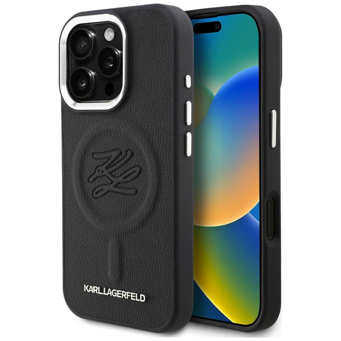 Кейс MagSafe с инициали и метално лого на Karl Lagerfeld за iPhone 16 Pro - черен