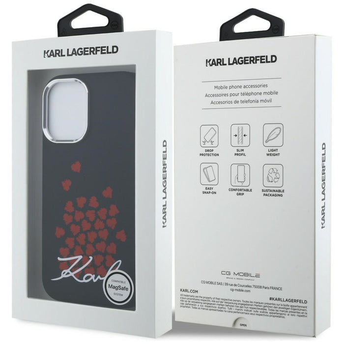 Силиконов калъф Karl Lagerfeld с лого и символ на сърце MagSafe за iPhone 16 - черен