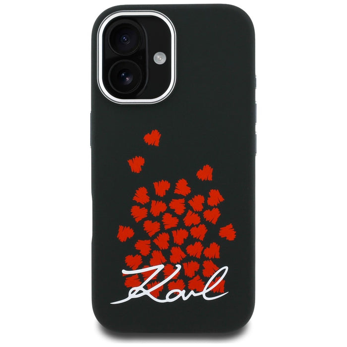 Силиконов калъф Karl Lagerfeld с лого и символ на сърце MagSafe за iPhone 16 - черен