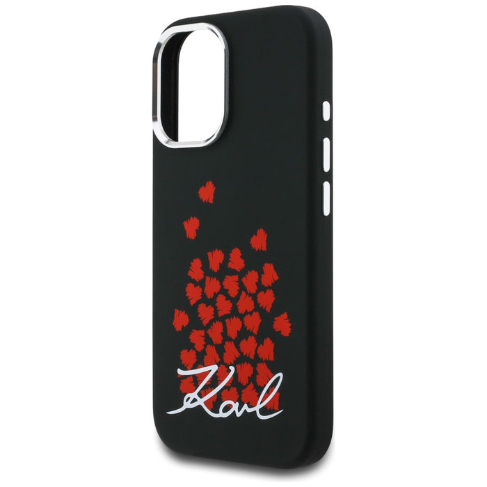 Силиконов калъф Karl Lagerfeld с лого и символ на сърце MagSafe за iPhone 16 - черен
