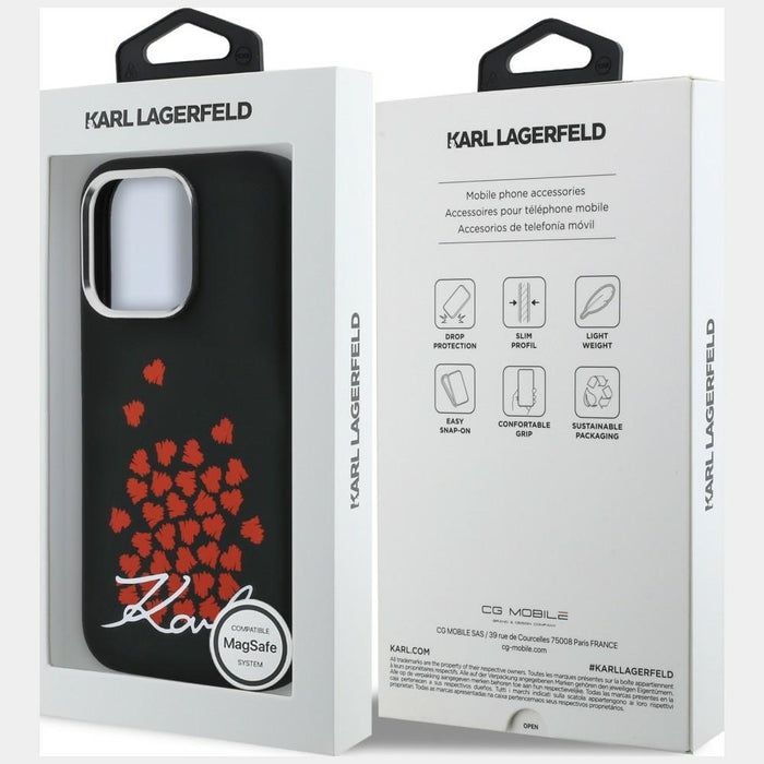 Силиконов калъф Karl Lagerfeld с лого и символ на сърце MagSafe за iPhone 16 Pro - черен