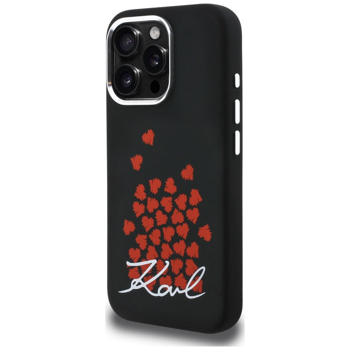 Силиконов калъф Karl Lagerfeld с лого и символ на сърце MagSafe за iPhone 16 Pro - черен