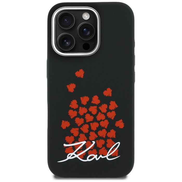 Силиконов калъф Karl Lagerfeld с лого и символ на сърце MagSafe за iPhone 16 Pro Max - черен